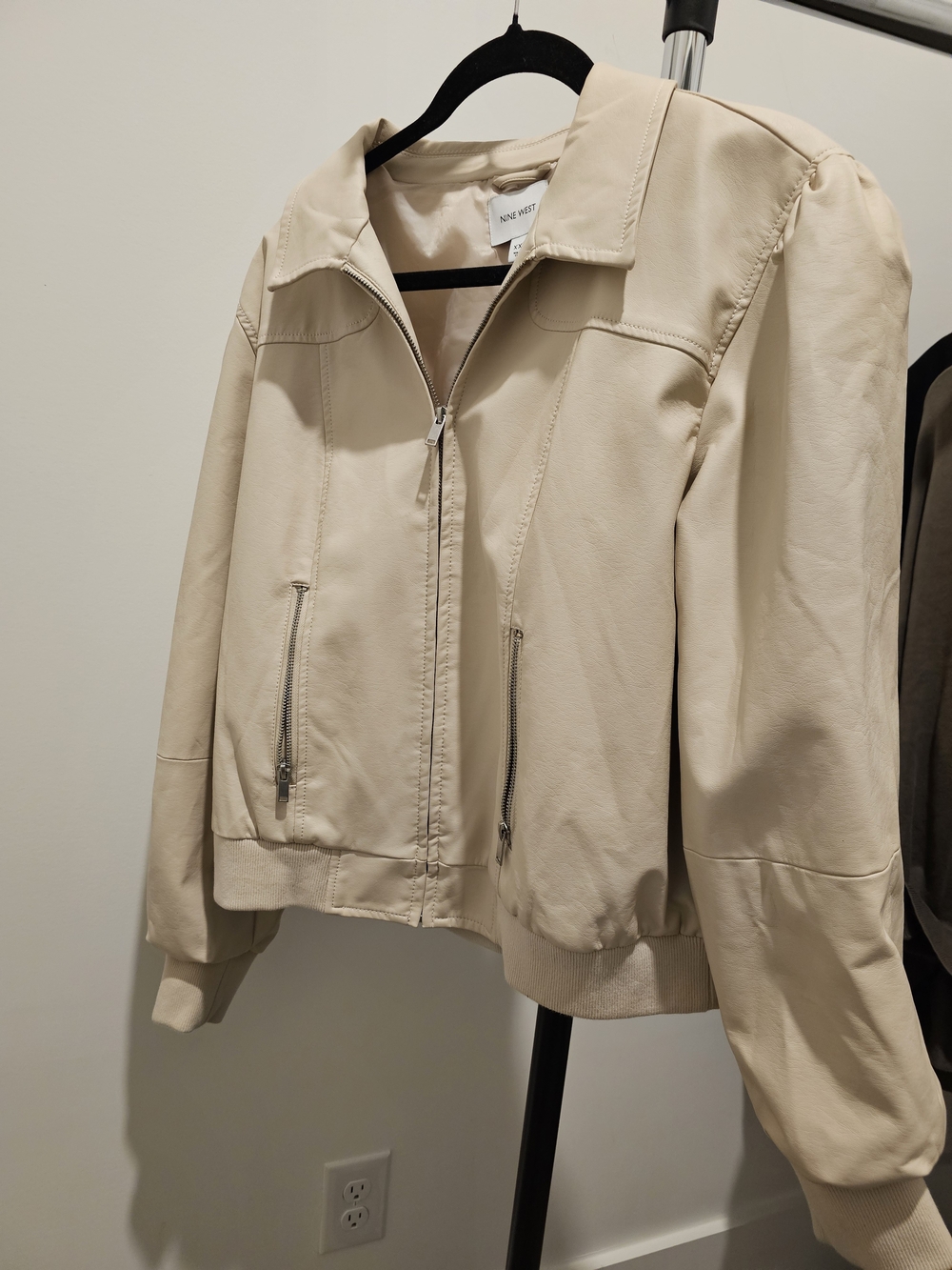 Nine West Light Cream Zip-Front Bomber Jacket